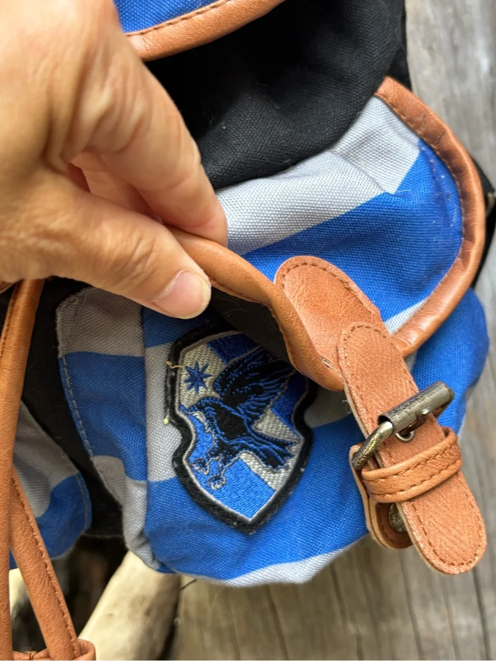 Ravenclaw Blue & Gray Striped Canvas Backpack with Tan Trim